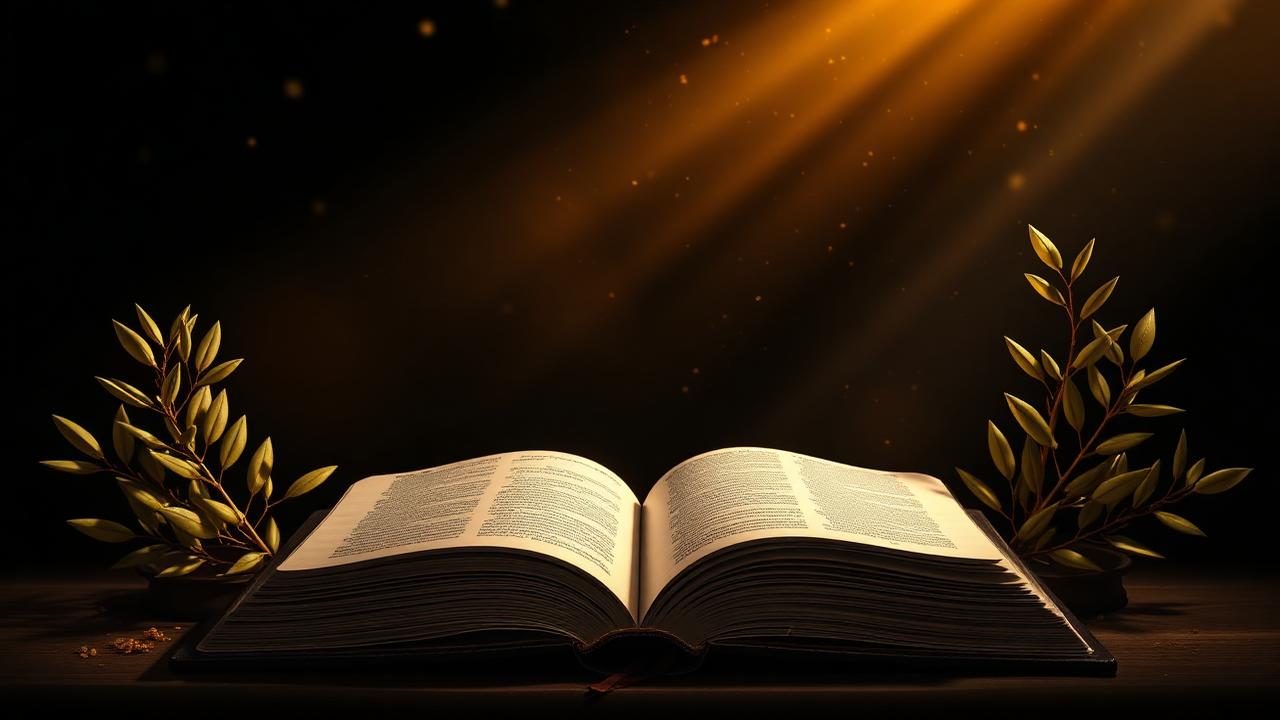 Biblia abierta iluminada por una luz dorada